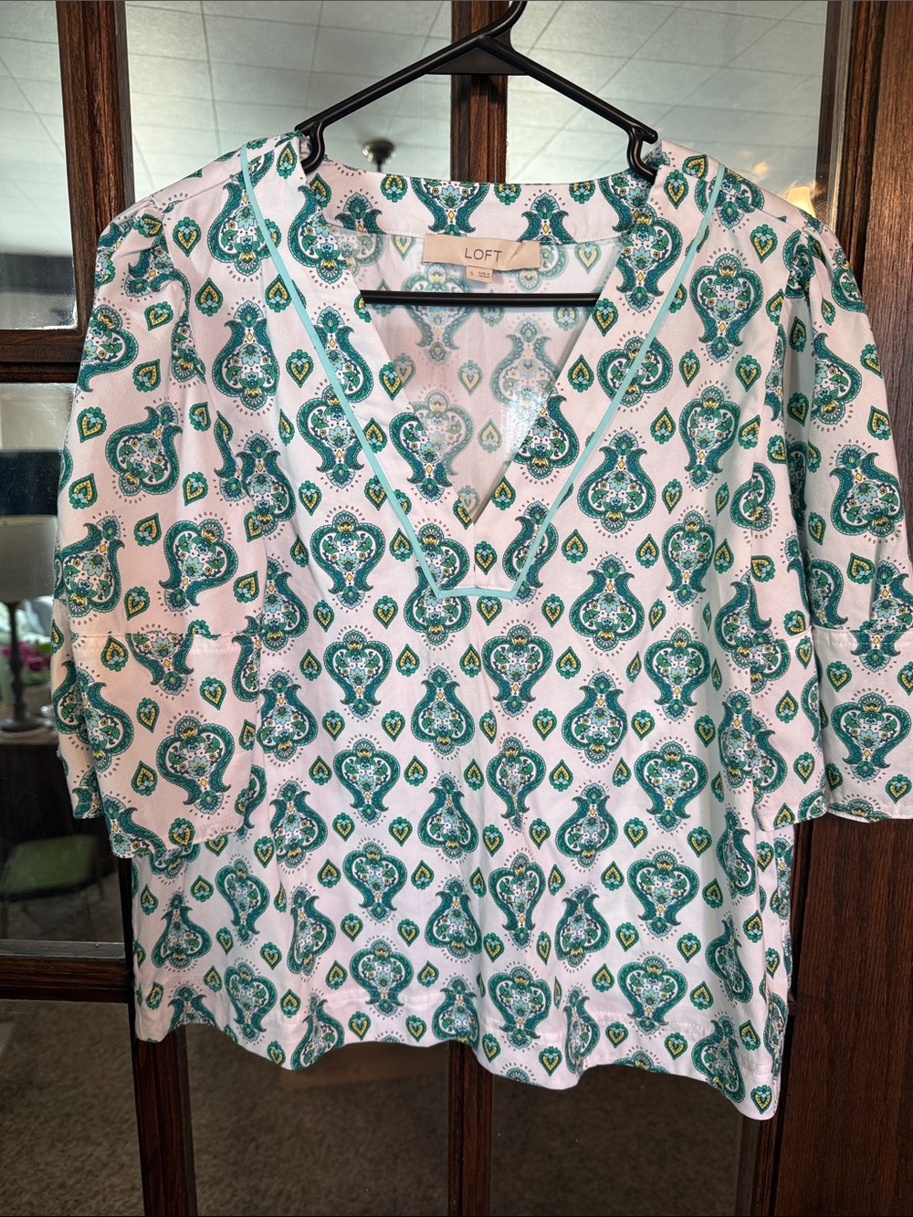 LOFT Womens Green Paisley V-Neck Bell Half Sleeve‎ Blouse Top Small RN140923